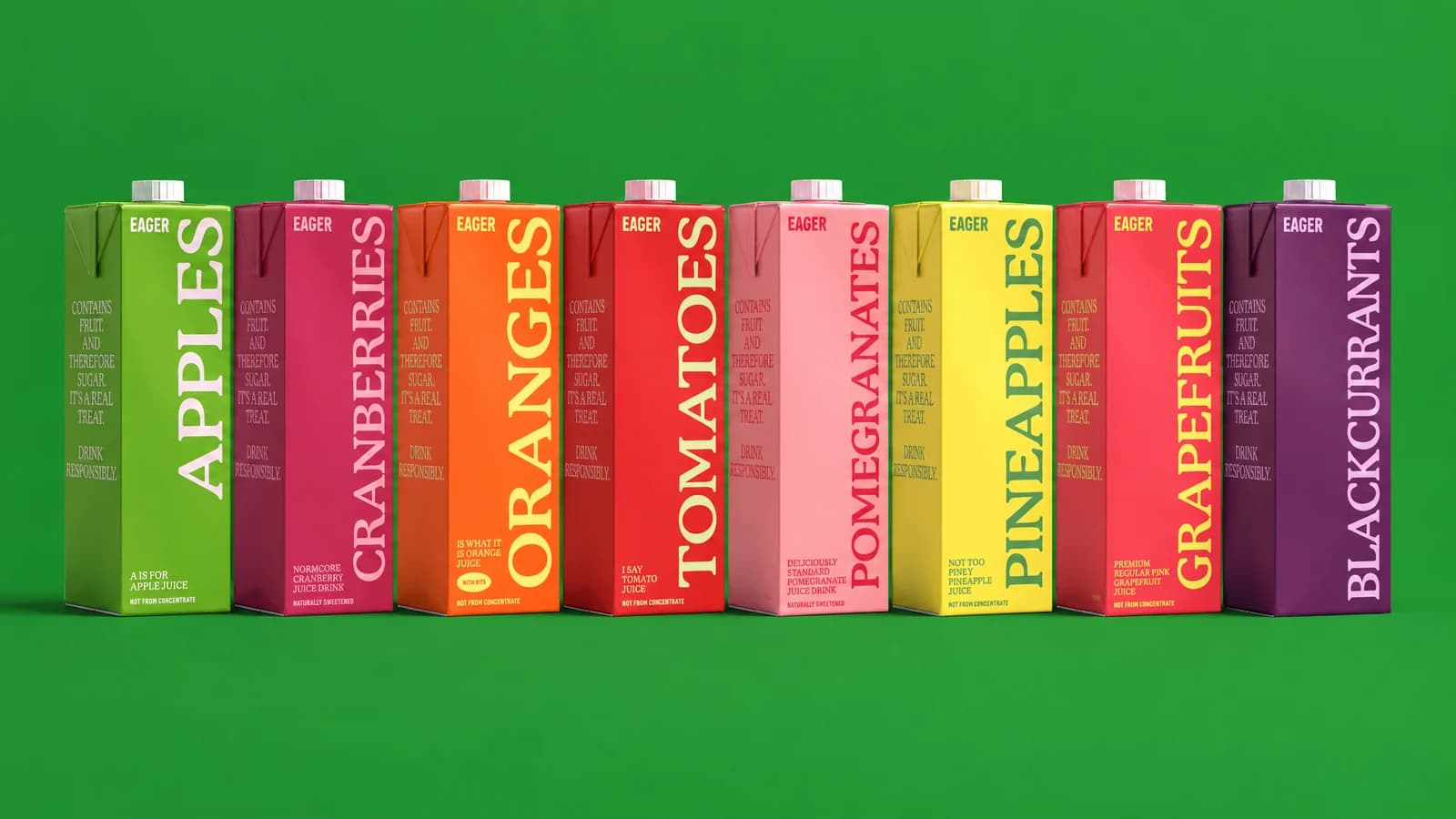 Eight Eager cartons in a row on green, as the model made them.