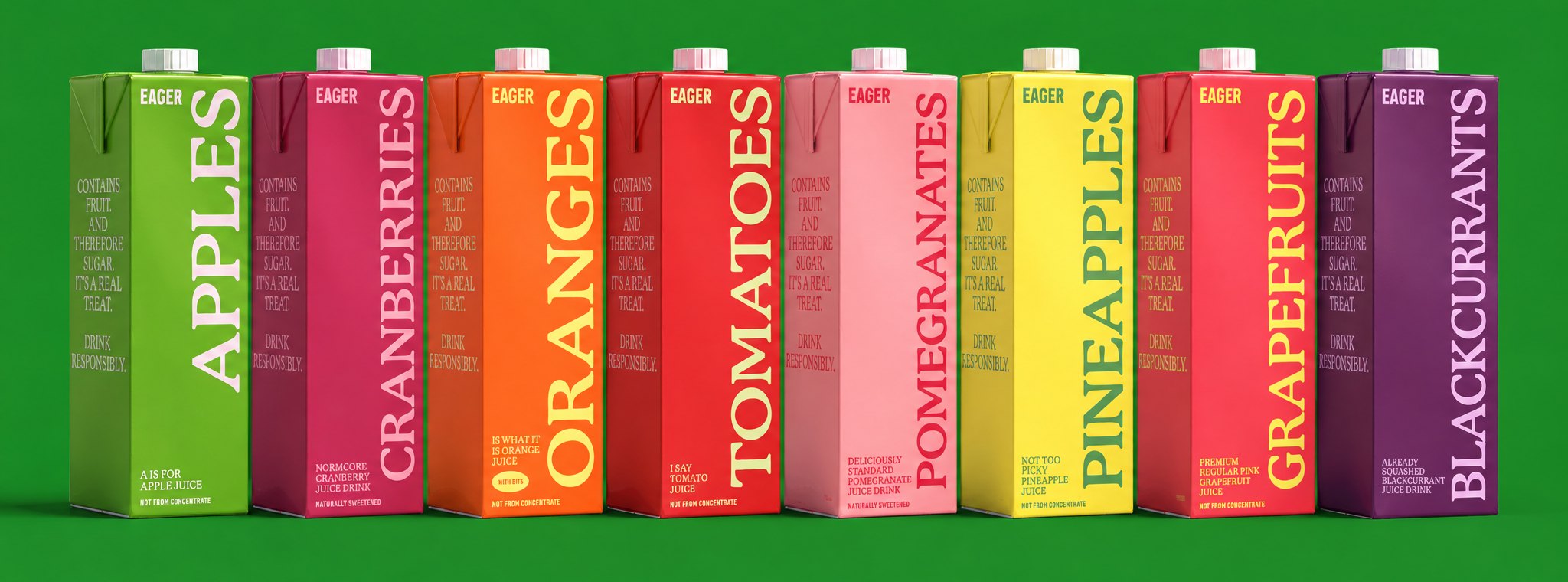 Eight Eager cartons in a row on green: Apples, Cranberries, Oranges, Tomatoes, Pomegranates, Pineapples, Grapefruits, and the purple Blackcurrants carton at the end.